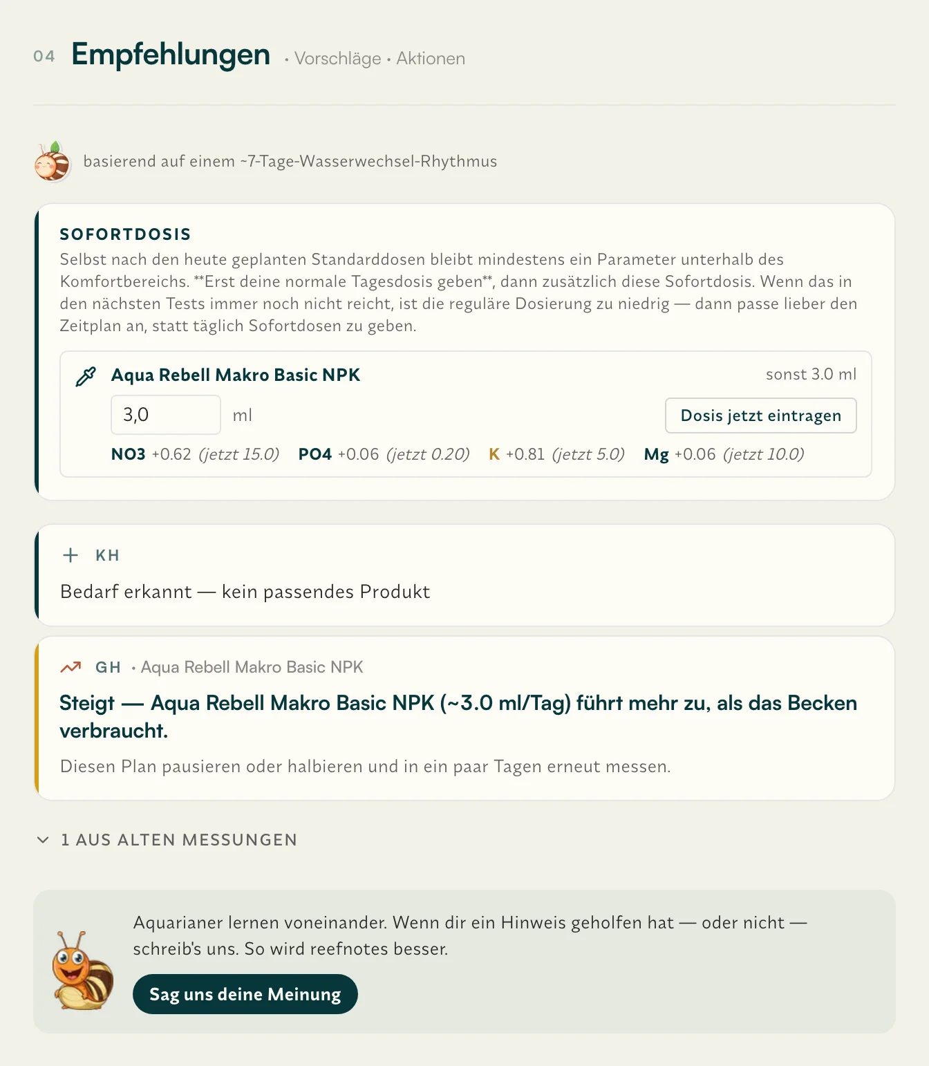 Zeitplan und Dosierungs-Hinweise mit driftenden Parametern und Empfehlungen