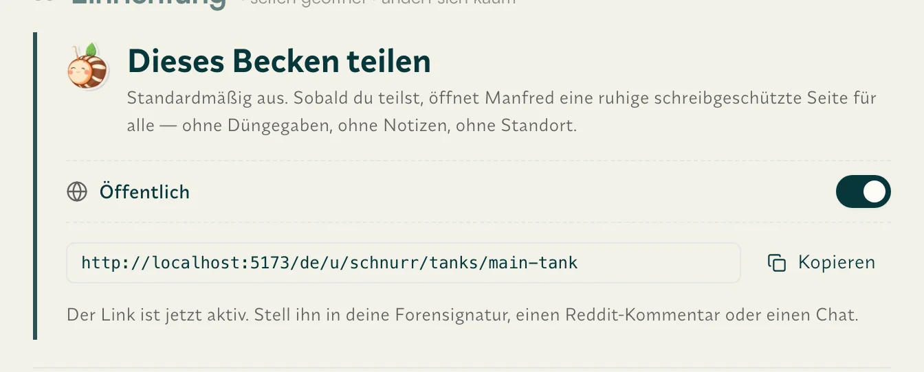 Öffentliches Freigabe-Feld mit An/Aus-Schalter und öffentlichem Link