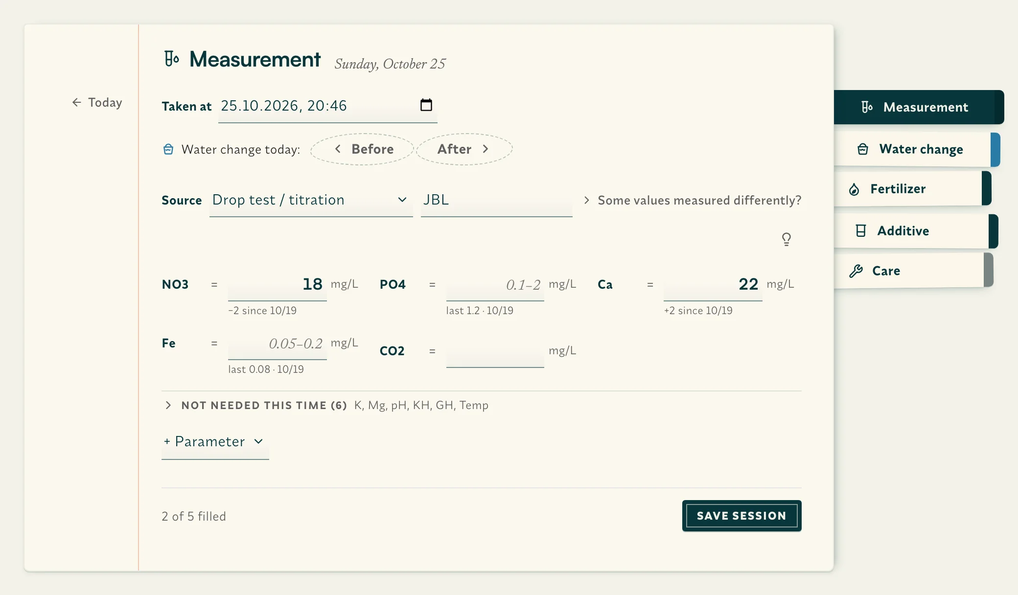 Logging a test on the Today sheet — one field per value, the last reading underneath