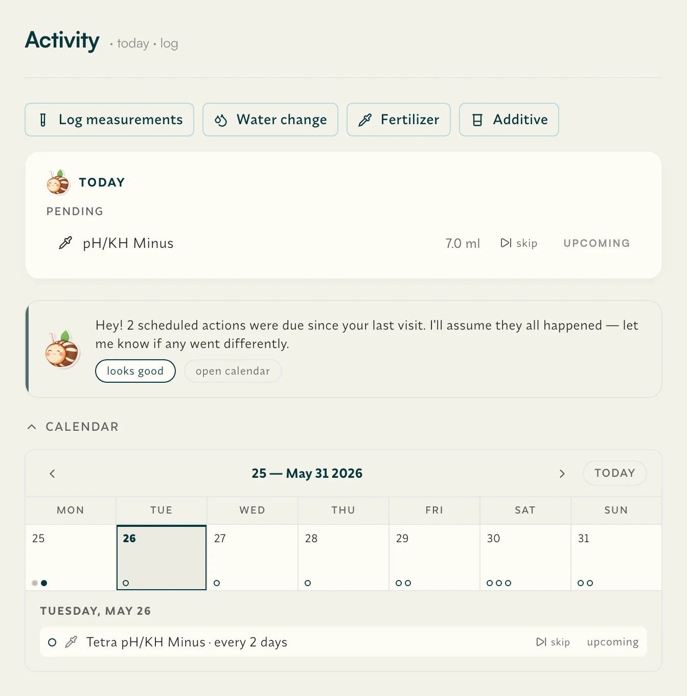 Activity-first detail view with today's tasks at the top and log buttons inline